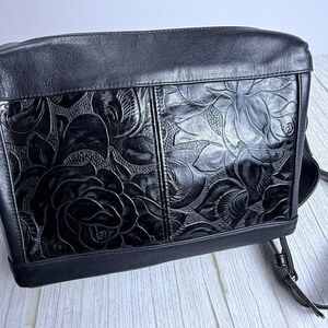 SAS Vintage Embossed Tooled Leather Floral Roses Crossbody Handbag Purse Black